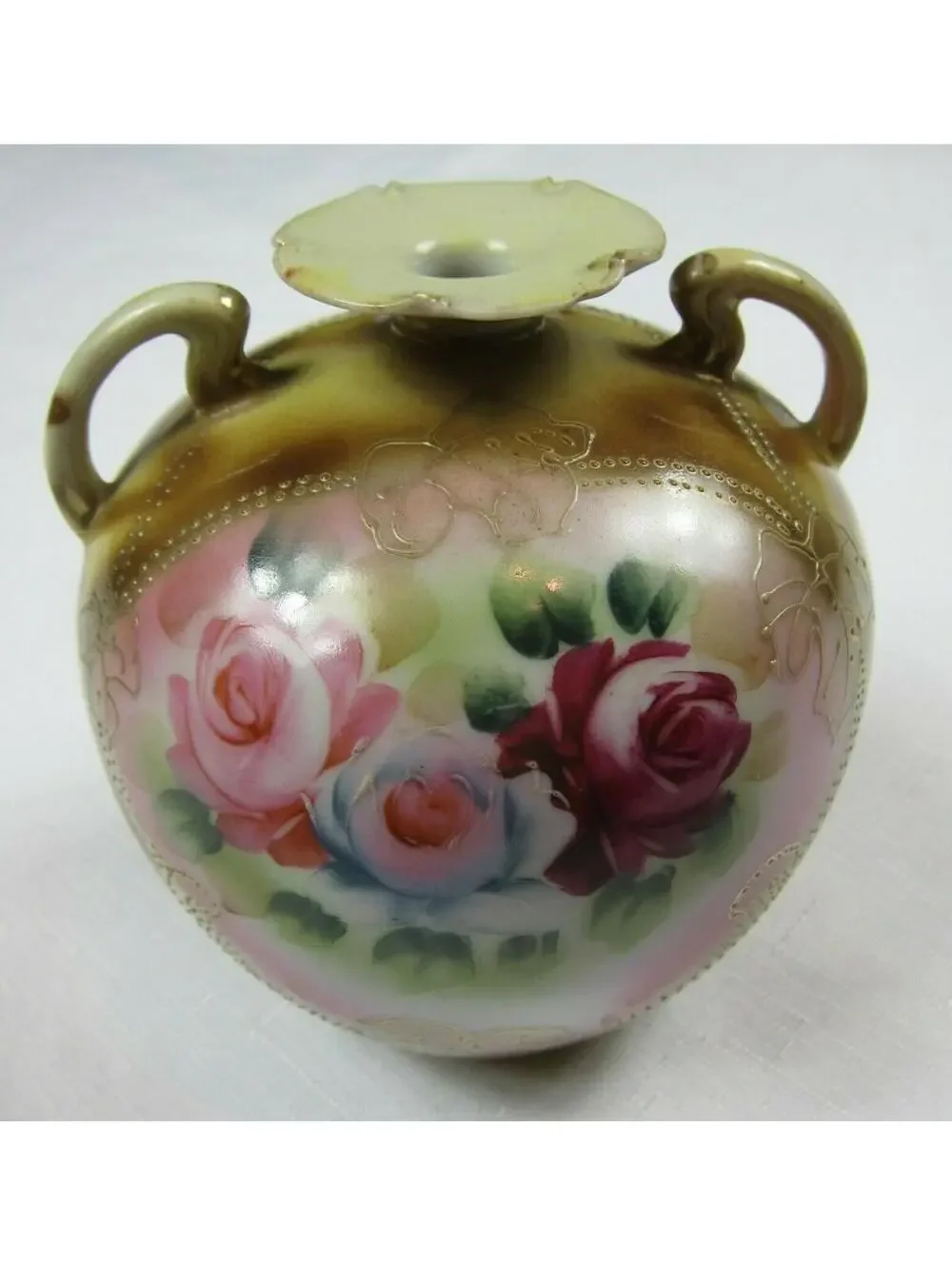 Vintage Nippon Round Vase w/ Handles, Hand Painted Roses Floral Gold Gilded Bead